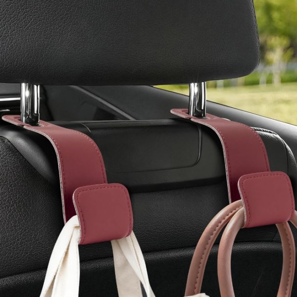 Leather Car Headrest Hook, Red, 2-Pack Storage Solution