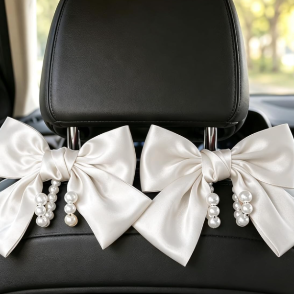 Bow And Pearl Car Hook, Elegant White, 2-Pack