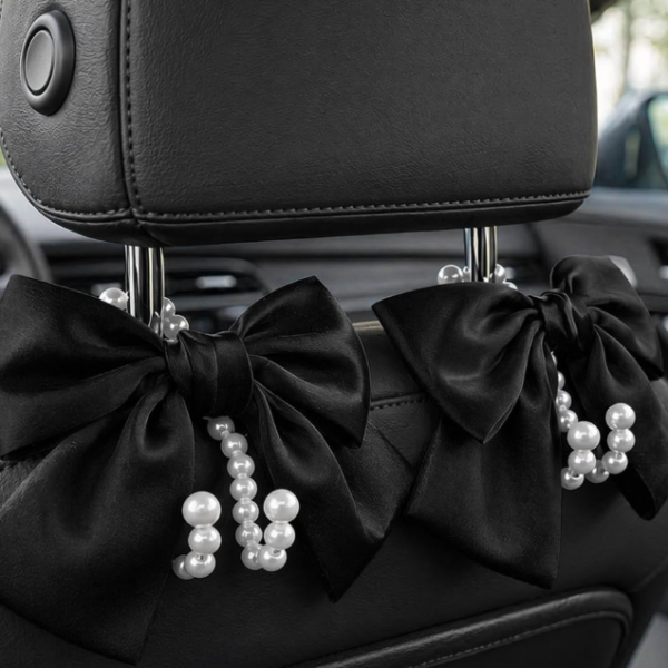 Bow And Pearl Car Hook, Elegant Black, 2-Pack