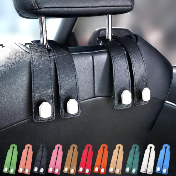 Car Headrest Hook, Genuine Leather And Zinc Alloy Construction