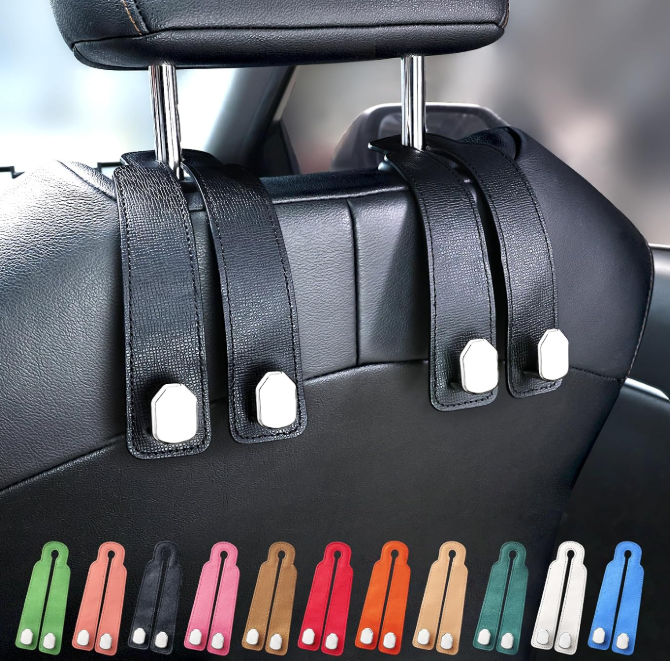 Car Headrest Hook, Genuine Leather And Zinc Alloy Construction