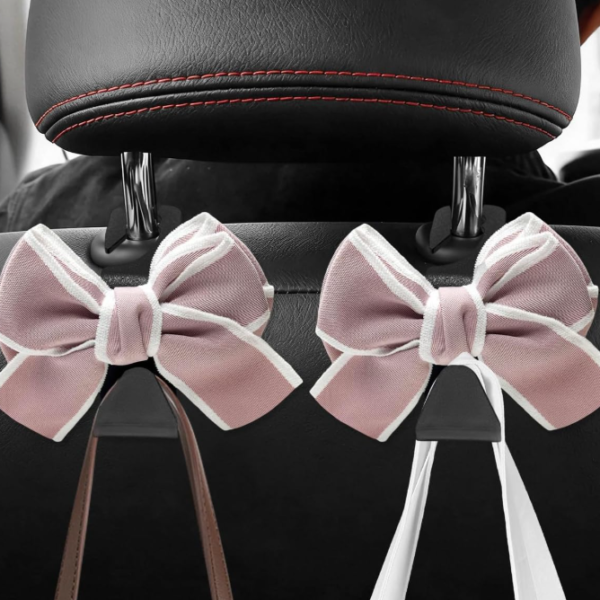 Car Headrest Hook, Bow-Shaped, Pink, For Storage