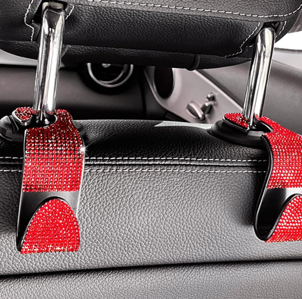 Car Headrest Hook With Crystal Rhinestones, Red, 4-Pack