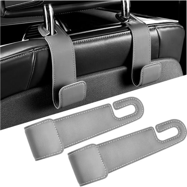 Car Seat Headrest Hooks, Leather-Covered, Backseat Storage (Gray)