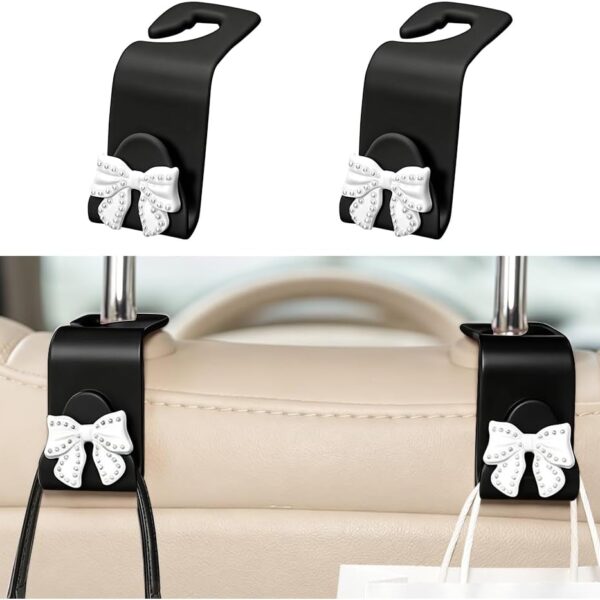 Car Headrest Hooks, Decorative Bow-Tie Design (White)