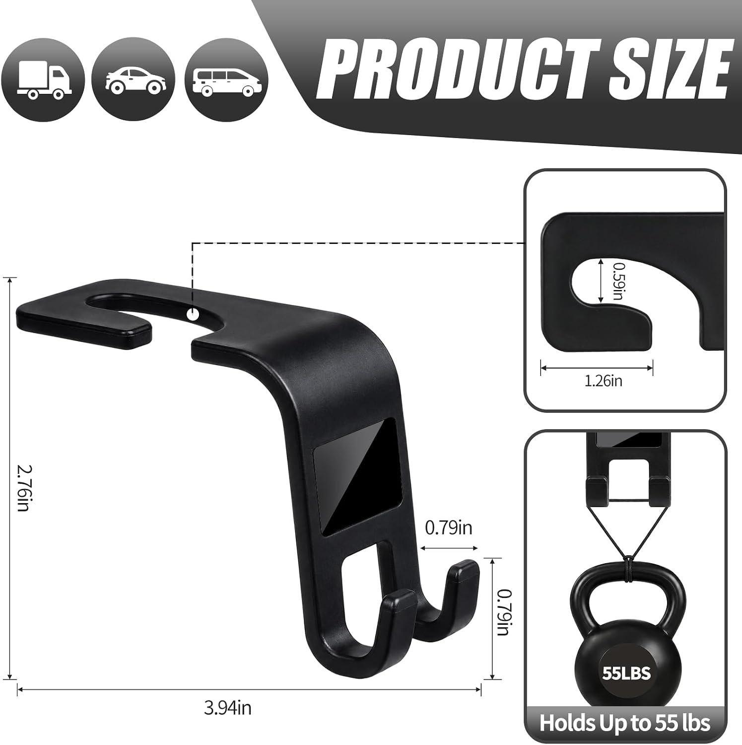 Car Seat Headrest Hooks, High-Load Capacity, Backseat Storage (Black) - Image 2