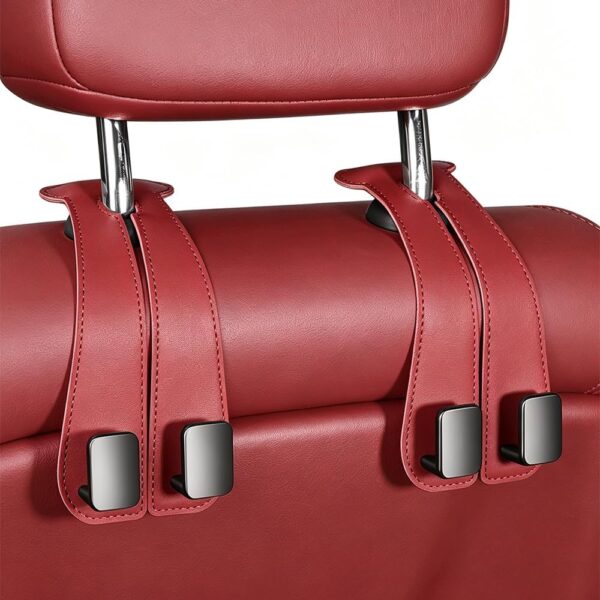 Car Seat Headrest Hooks, Dual-Hook, Leather-Covered, Rotatable (Red)