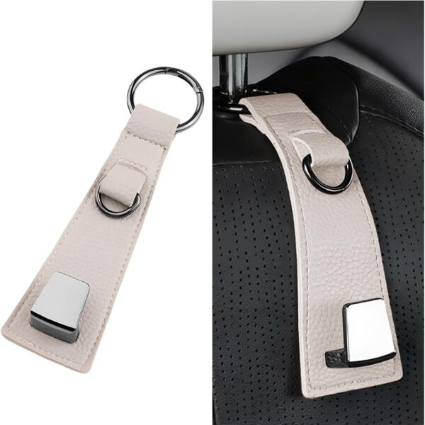 Car Headrest Hooks, Leather-Covered, Rotatable (Beige)