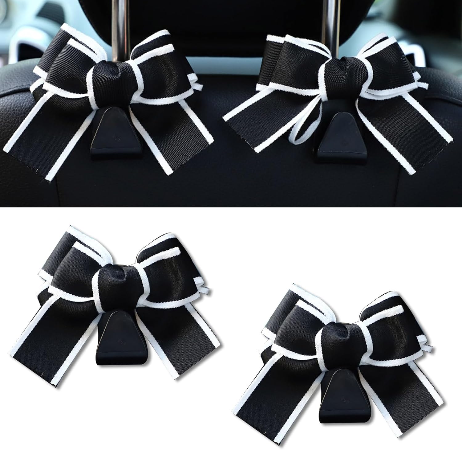 Car Headrest Hooks, Bow-Tie Design (Black & White)