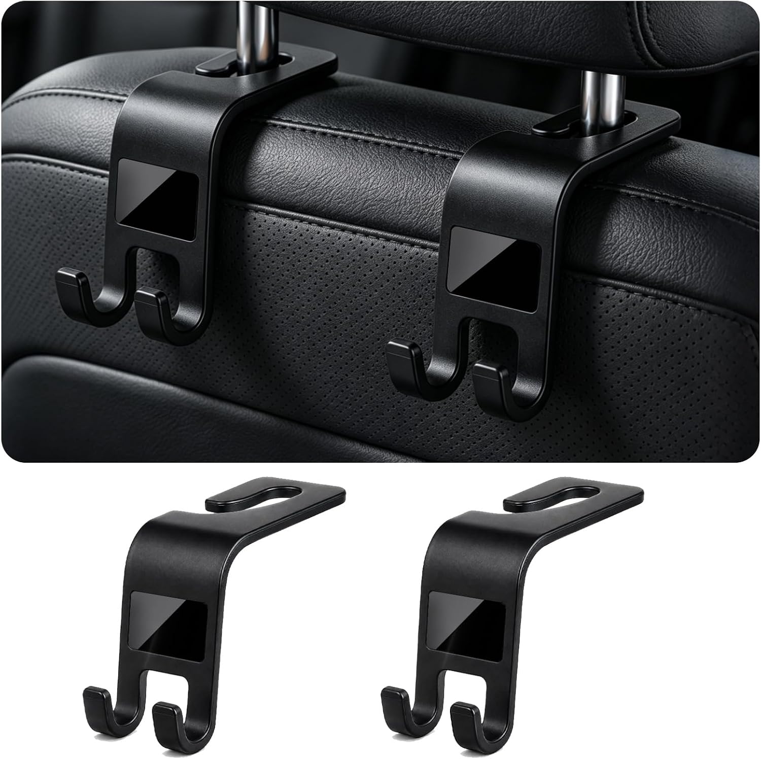 Car Seat Headrest Hooks, High-Load Capacity, Backseat Storage (Black)