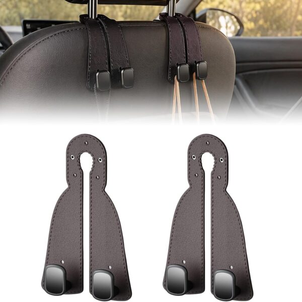Car Headrest Hooks, Dual-Metal with Leather Covering (Anti-Slip/Anti-Drop)