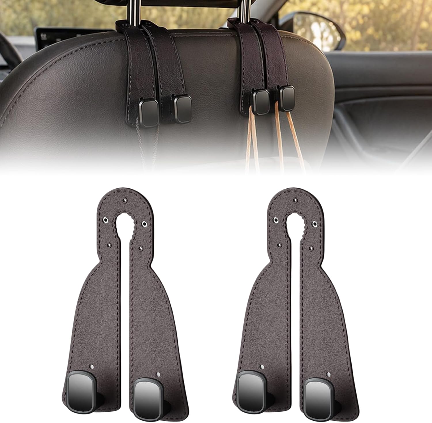 Car Headrest Hooks, Dual-Metal with Leather Covering (Anti-Slip/Anti-Drop)