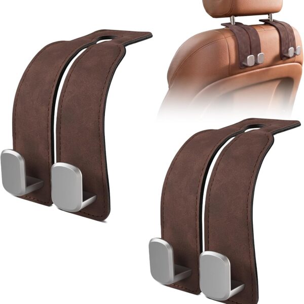 Suede Car Headrest Hooks, Universal, High-Load Capacity (Brown)