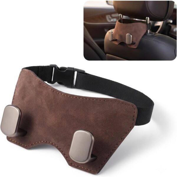 Car Headrest Hooks, Zinc Alloy, Dual-Hook, Leather-Covered (Brown)