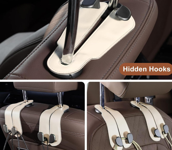 Car Seat Hook, Leather And Aluminum-Magnesium Alloy Dual-Head, Beige - Image 2