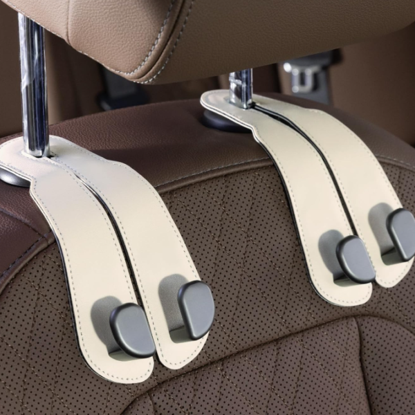 Car Seat Hook, Leather And Aluminum-Magnesium Alloy Dual-Head, Beige