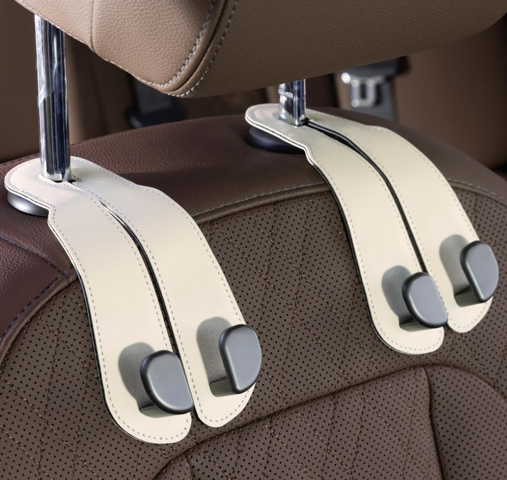 Car Seat Hook, Leather And Aluminum-Magnesium Alloy Dual-Head, Beige