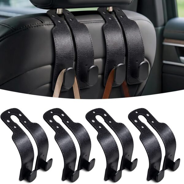 Car Headrest Hooks, Leather-Covered, Seat-Back Hooks (Black)