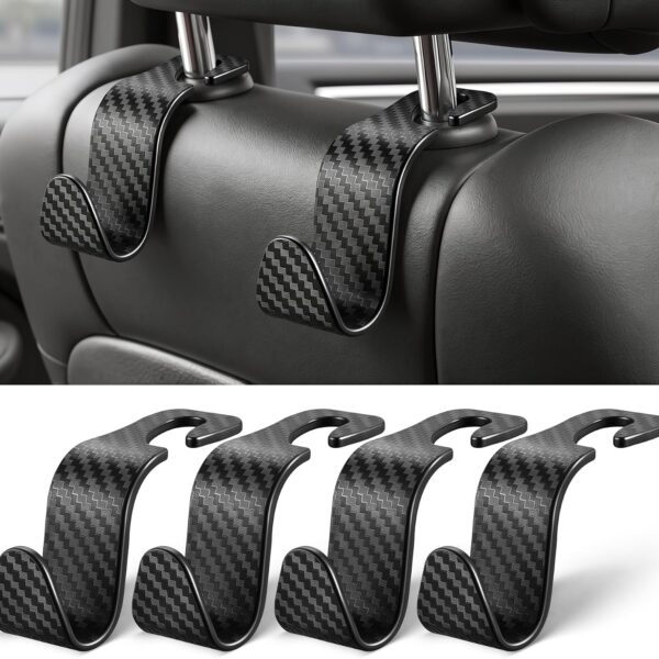 Car Headrest Hooks, Carbon Fiber Texture (Black)