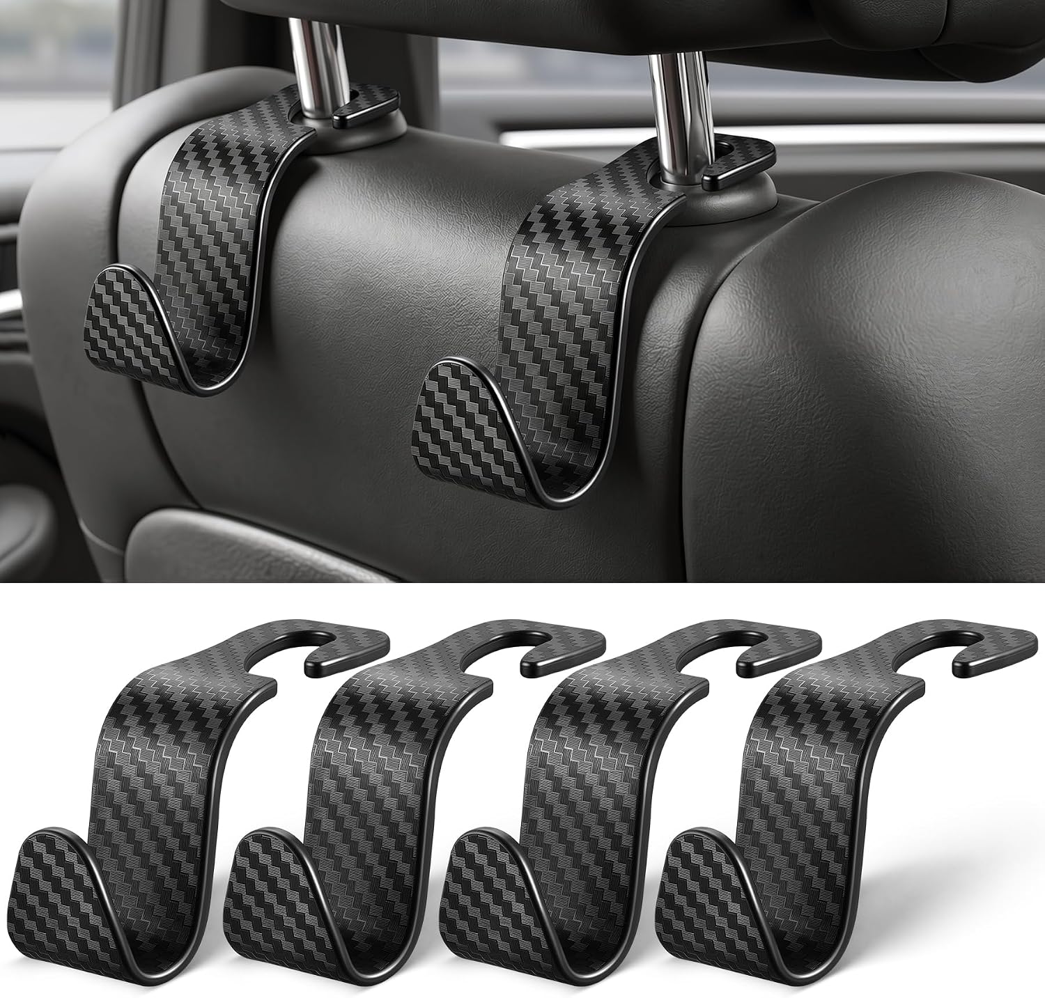 Car Headrest Hooks, Carbon Fiber Texture (Black)