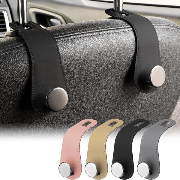 Car Headrest Hooks, Leather and Alloy, Seat Storage (Black)