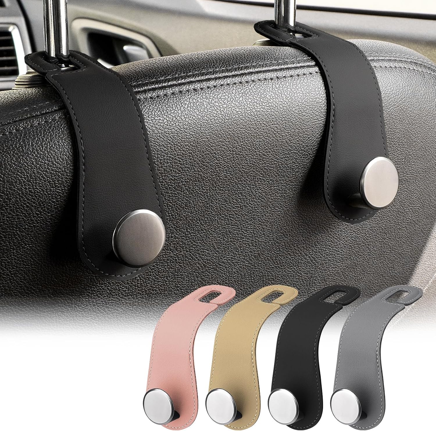 Car Headrest Hooks, Leather and Alloy, Seat Storage (Black)