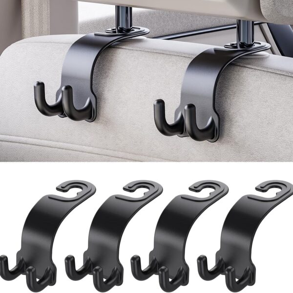 Car Headrest Hooks, Dual-Hook, Rotatable, High-Load Capacity (Black)